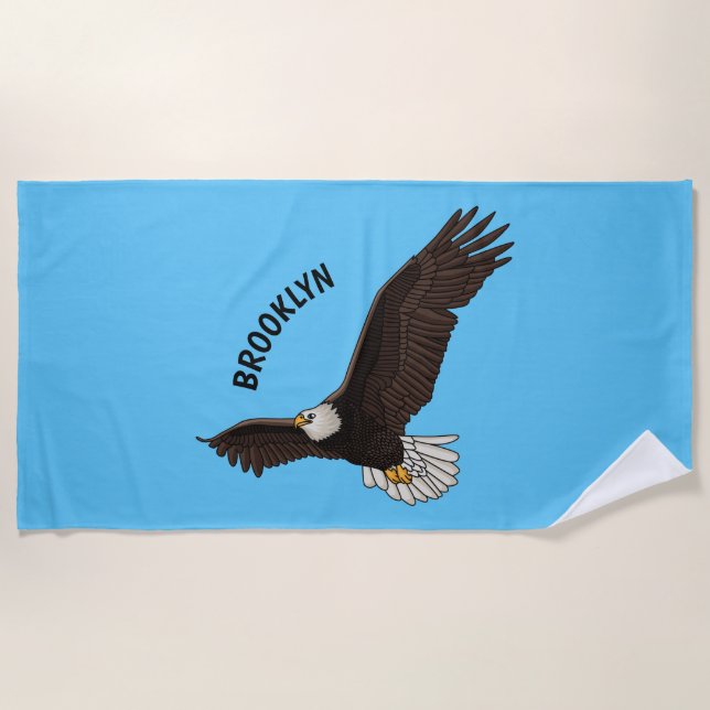 Happy flying bald eagle cartoon illustration  beach towel (Front)