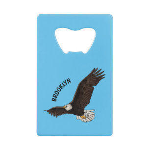 Happy flying bald eagle cartoon illustration credit card bottle opener