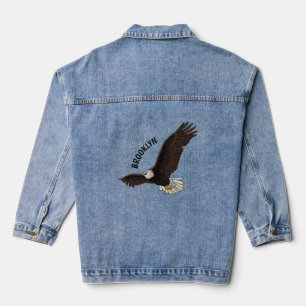 Happy flying bald eagle cartoon illustration denim jacket
