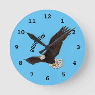 Happy flying bald eagle cartoon illustration round clock