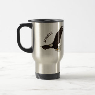 Happy flying bald eagle cartoon illustration travel mug