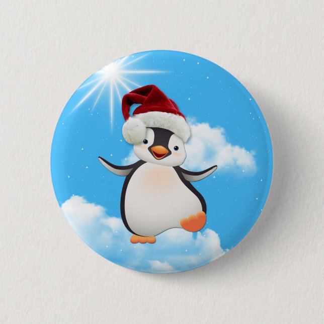 Happy Flying Penguins & Santa-hat 2 Inch Round Button (Front)