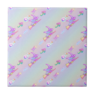 Happy Flying Witch Bright Pastel Rainbow Pattern Tile
