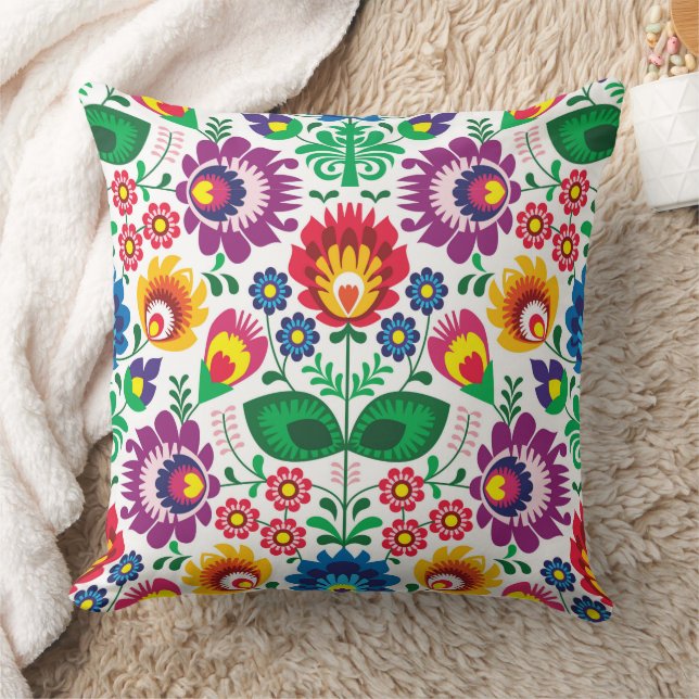 Happy Folk Art Flowers Throw Pillow (Blanket)