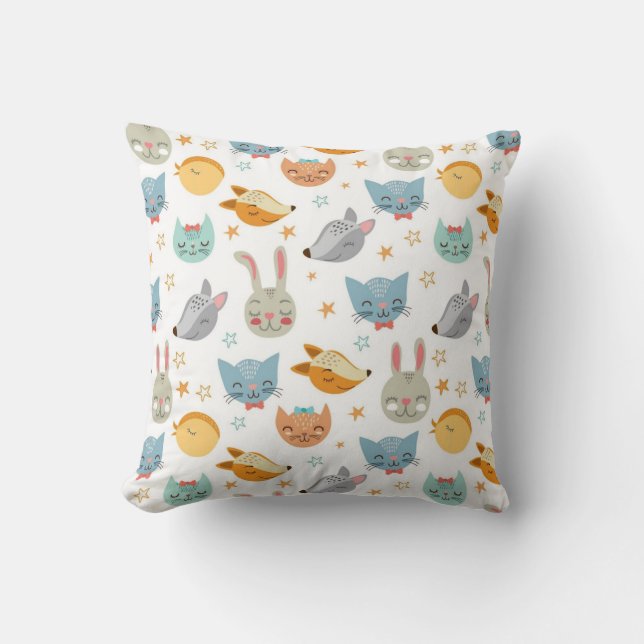 Happy Forrest Animals Pattern Throw Pillow (Front)