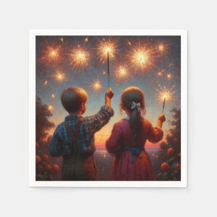 Happy Fourth Children with Sparklers Personalized Napkin