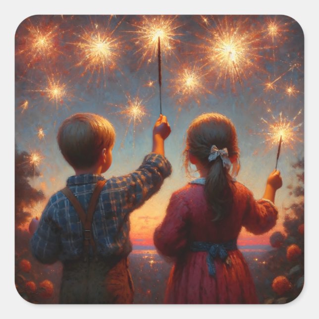 Happy Fourth Children with Sparklers Personalized Square Sticker (Front)