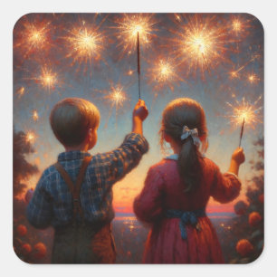 Happy Fourth Children with Sparklers Personalized Square Sticker