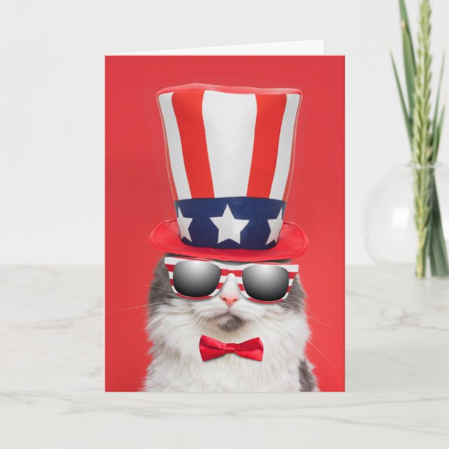 Happy Fourth of July Cool Patriotic Cat Humour Holiday Card (Front)
