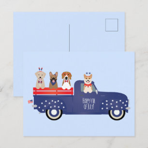 Happy Fourth Of July Dogs Pickup Truck Holiday Postcard