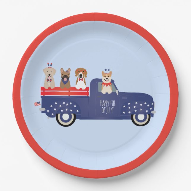 Happy Fourth Of July Dogs Pickup Truck Paper Plate (Front)
