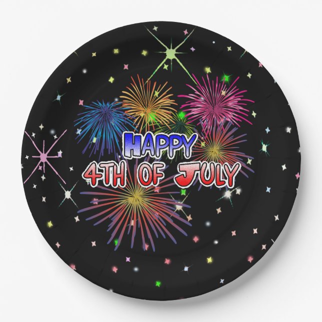 Happy Fourth of July  Fireworks and Stars Party Paper Plate (Front)