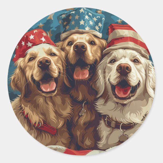 Happy Fourth Of July Golden Retriever Dogs Classic Round Sticker (Front)