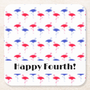Happy Fourth of July Independence Day Flamingos Square Paper Coaster