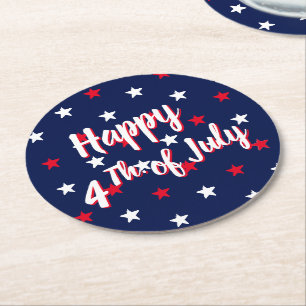 Happy fourth of July, red white navy blue stars Round Paper Coaster