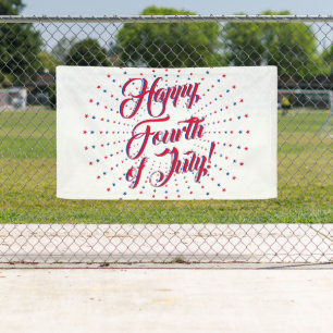 Happy Fourth of July script red white & blue stars Banner