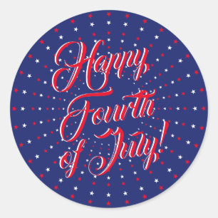 Happy Fourth of July script red white blue stars  Classic Round Sticker