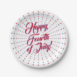 Happy Fourth of July script red white blue stars Paper Plate
