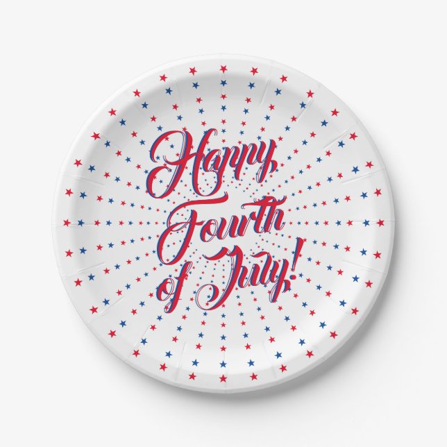 Happy Fourth of July script red white blue stars Paper Plate (Front)