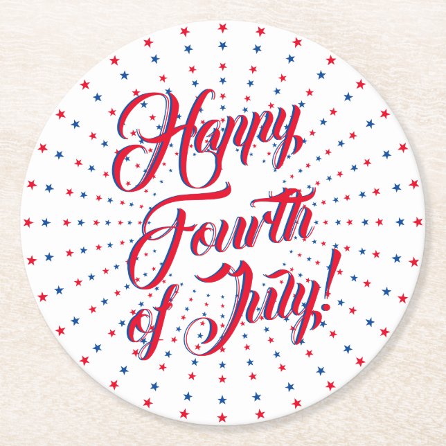 Happy Fourth of July script red white & blue stars Round Paper Coaster (Front)