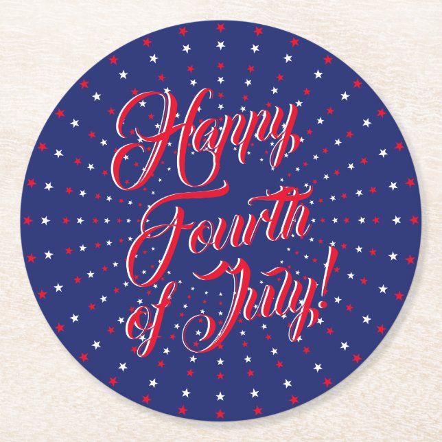 Happy Fourth of July script red white navy stars Round Paper Coaster (Front)