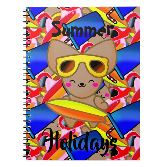 Happy Fox Cat Cute Surf Beach Ocean Sun Notebook (Front)