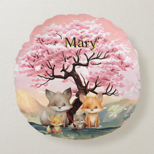 Happy Fox family enjoying the spring day Round Pillow
