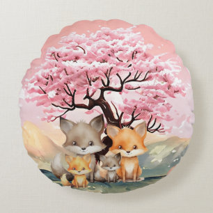 Happy Fox family enjoying the spring day Round Pillow