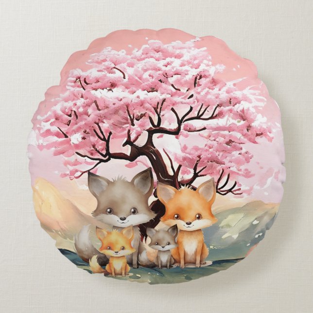 Happy Fox family enjoying the spring day Round Pillow (Front)