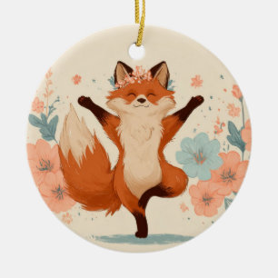 Happy Fox with Flowers – Cute Whimsical Animal Art Ceramic Ornament