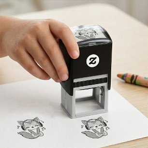 Happy fox with headphones listening to music.  self-inking stamp