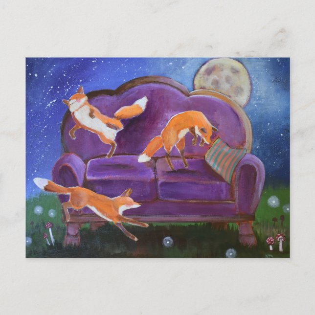 Happy Foxes Cute Whimsical Art Postcard (Front)