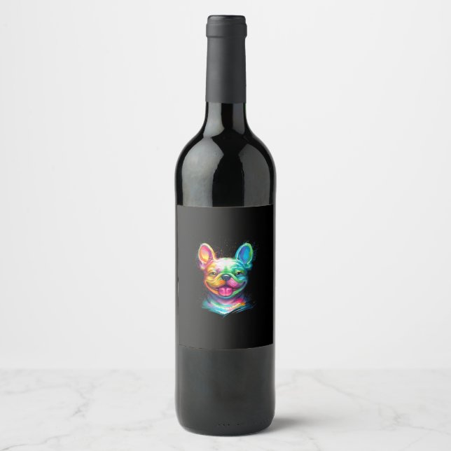 happy french bulldog smiling face gift wine label (Front)
