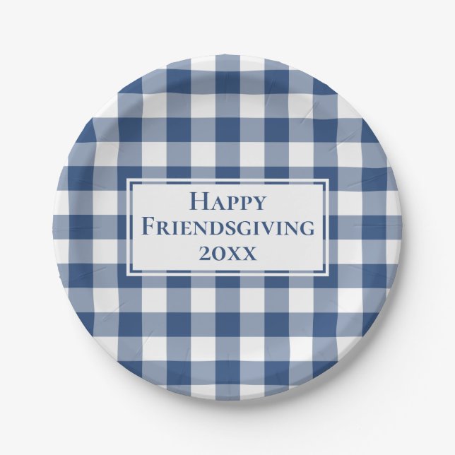 Happy Friendsgiving Blue White Gingham Plaid Paper Plate (Front)