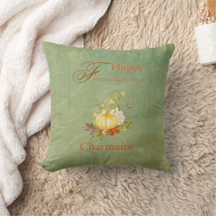 Happy Friendsgiving Pumpkin Floral Design Throw Pillow