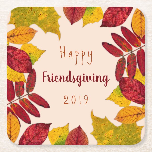 Happy Friendsgiving With Colorful Autumn Leaves Square Paper Coaster (Front)