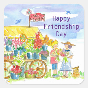 Happy Friendship Day Women Friends Dog Flowers Square Sticker