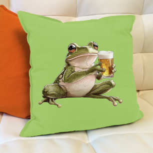 Happy Frog Beer Green Animal Illustration Throw Pillow