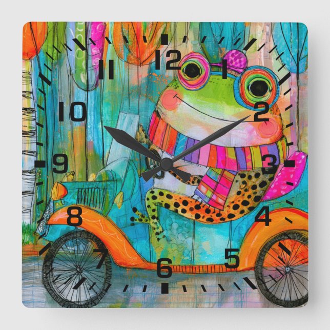 Happy Frog Joyful Roadside Adventure Square Wall Clock (Front)