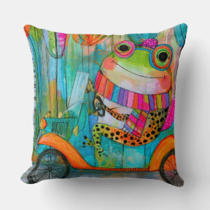 Happy Frog Joyful Roadside Adventure Throw Pillow