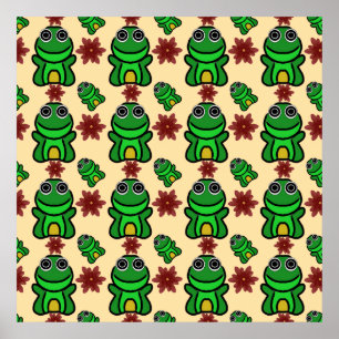 Happy Froggy Garden: Cute Green Frog & Red Flower  Poster