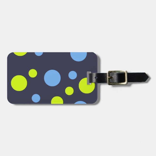 Happy Funky Yellow Blue Bubbles Luggage Tag (Front Horizontal)