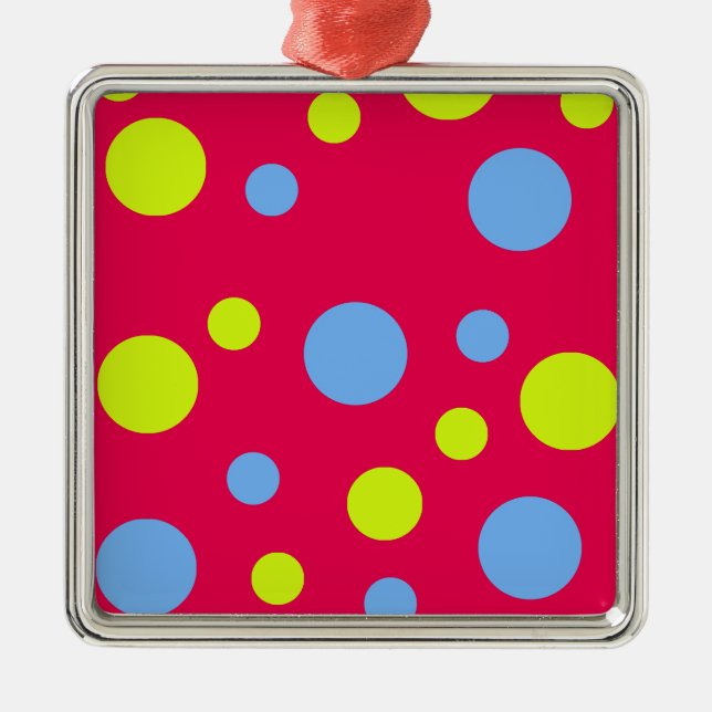 Happy Funky Yellow Blue Bubbles Metal Ornament (Front)