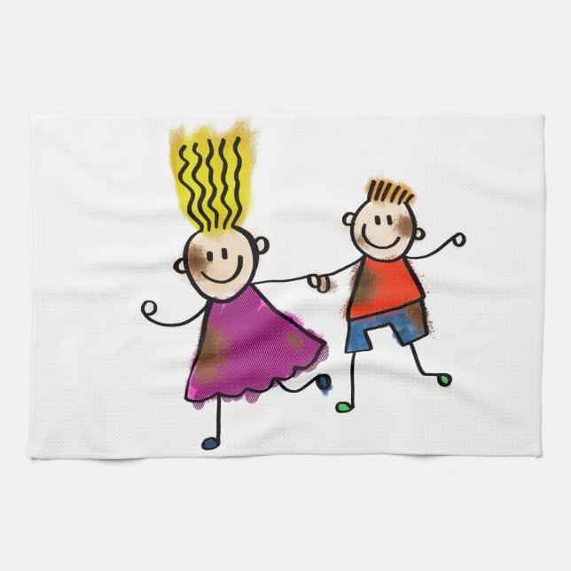 Happy Funny Kids Couple Drawing Doodle Cartoon Kitchen Towel (Horizontal)