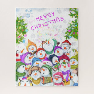 Happy Funny Snowmans Merry Christmas Celebration Jigsaw Puzzle