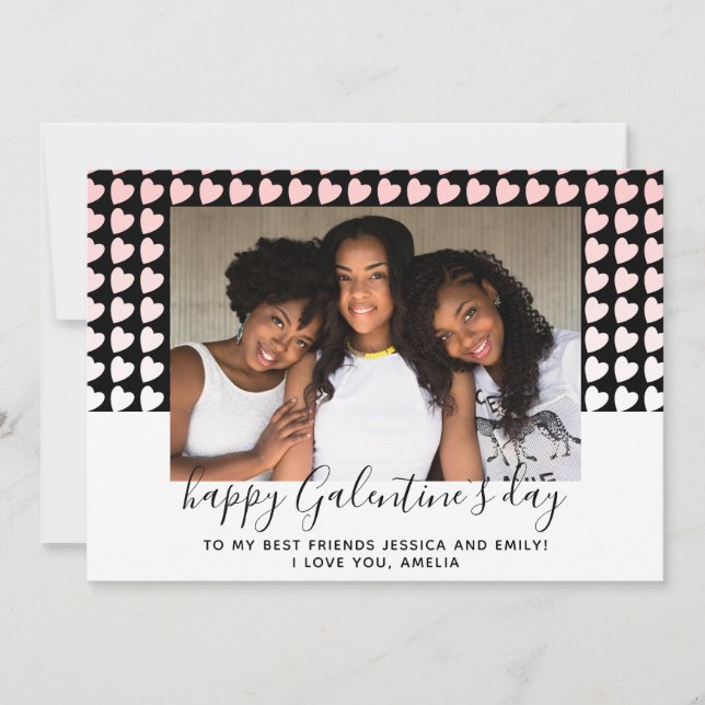 Happy Galentine`s Day Pink Heart Photo Friend Holi Holiday Card (Front)