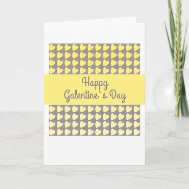 Happy Galentine`s Day Yellow Grey Heart Pattern Holiday Card (Front)