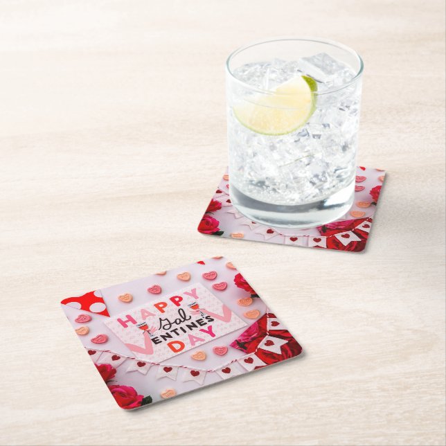 Happy Galentine's Day Food & Spirits Party Square Paper Coaster (Insitu)