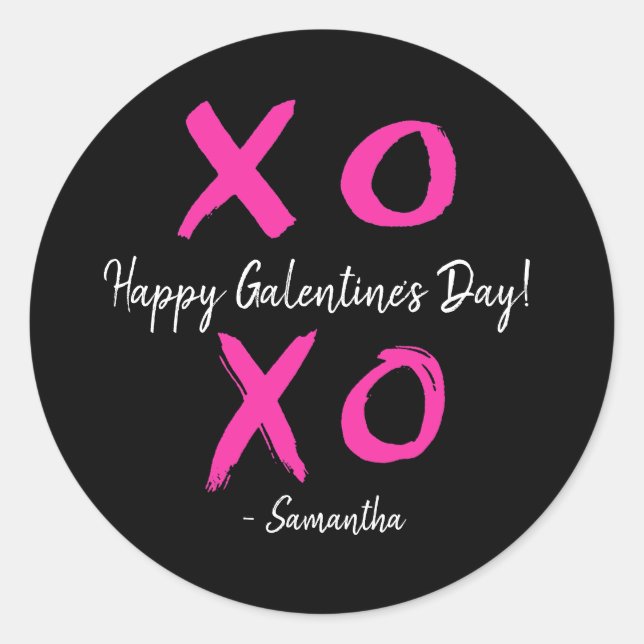 Happy Galentine's Day Pink and Black XOXO - Classic Round Sticker (Front)