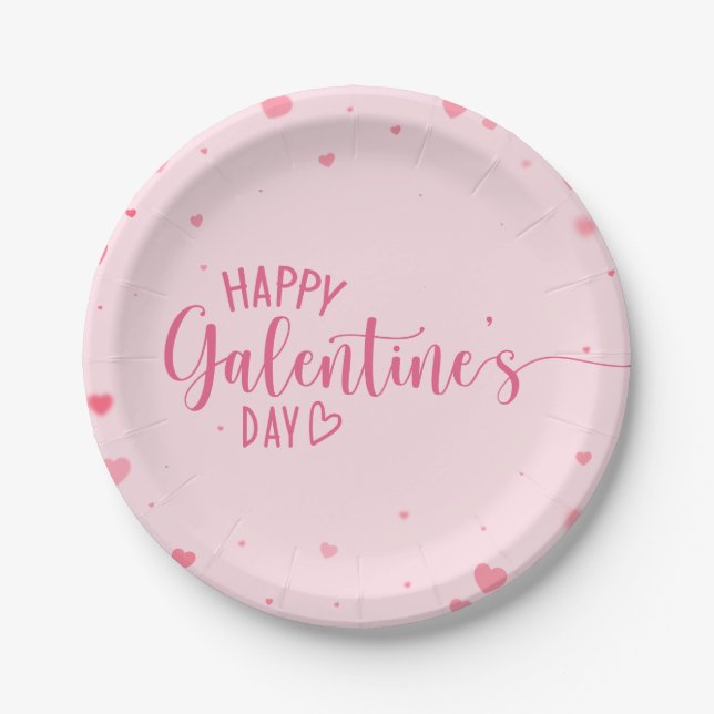 Happy Galentine's Day Pink Hearts Paper Plate (Front)